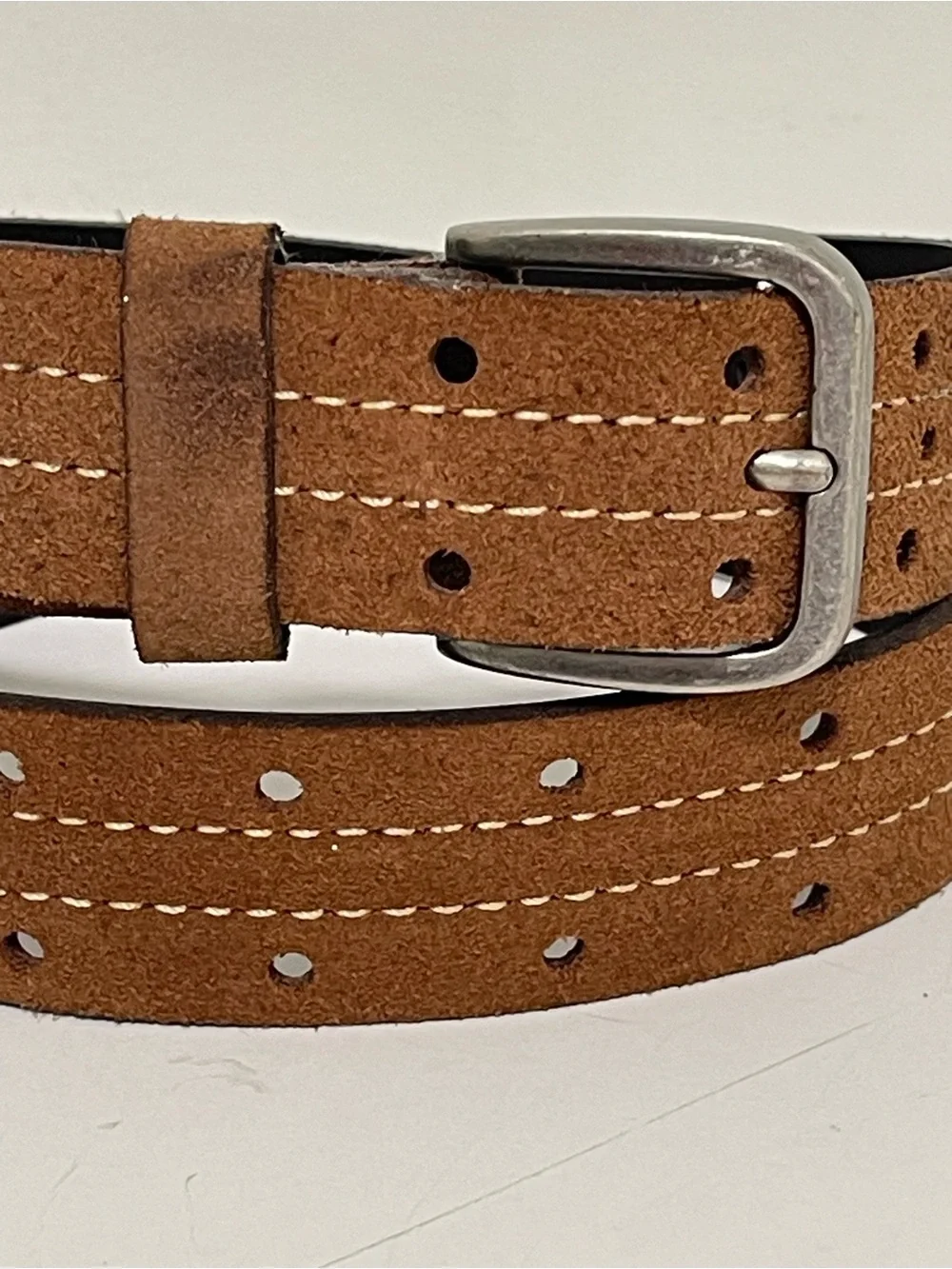 Brown Suede Leather Belt Perforated Contrast Stitching Gun Metal Buckle Youth 27